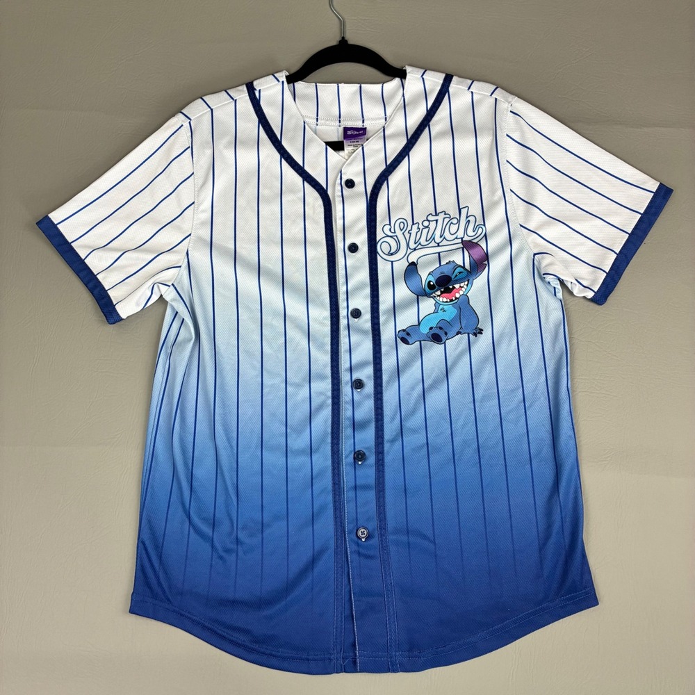 Disney Stitch Ohana Means Family Baseball Jersey Blue White Pinstripe Small